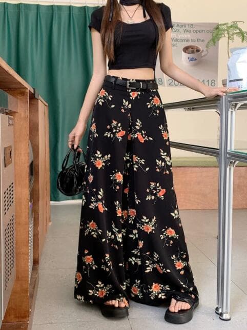柄 パンツ 花柄ハイウェストワイドパンツ シフォン素材