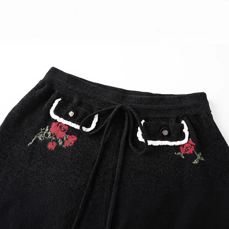 柄 パンツ ローズ刺繍 リボンパンツ