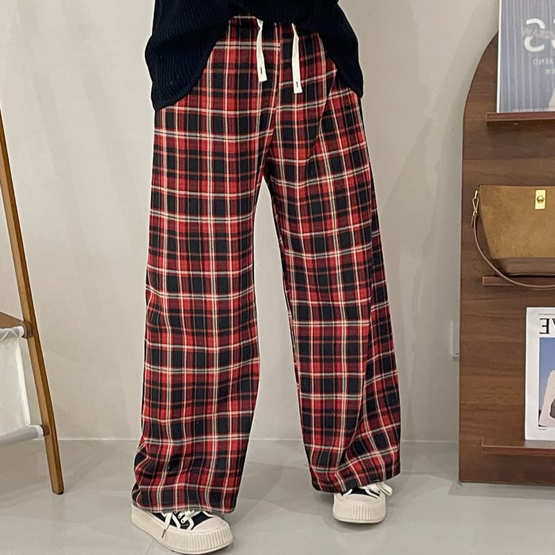 柄 パンツ シンプル ゆったり チェック柄パンツ