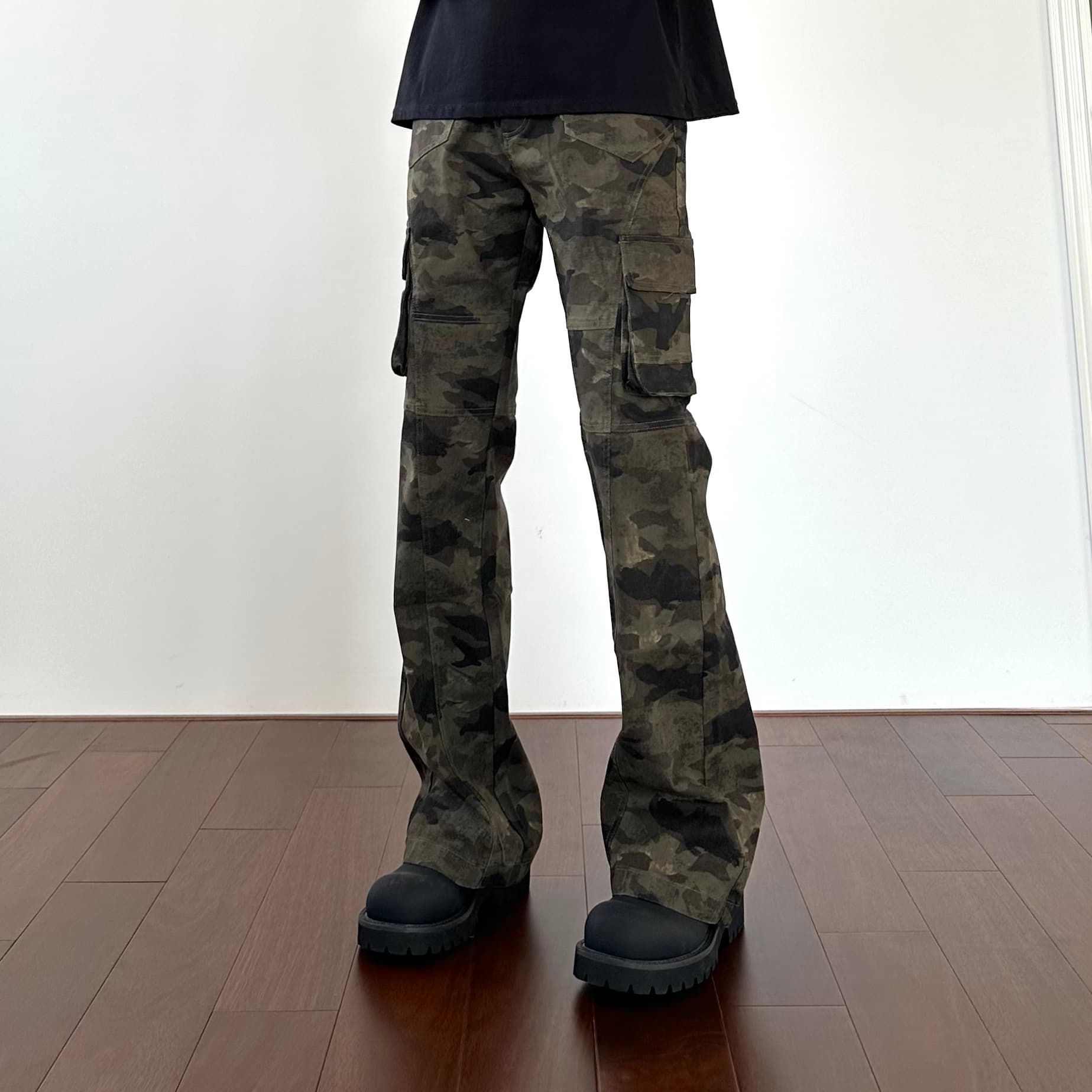 柄 パンツ ストレートカーゴ迷彩パンツ