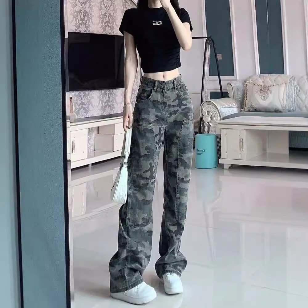柄 パンツ レトロミリタリーデニム柄パンツ