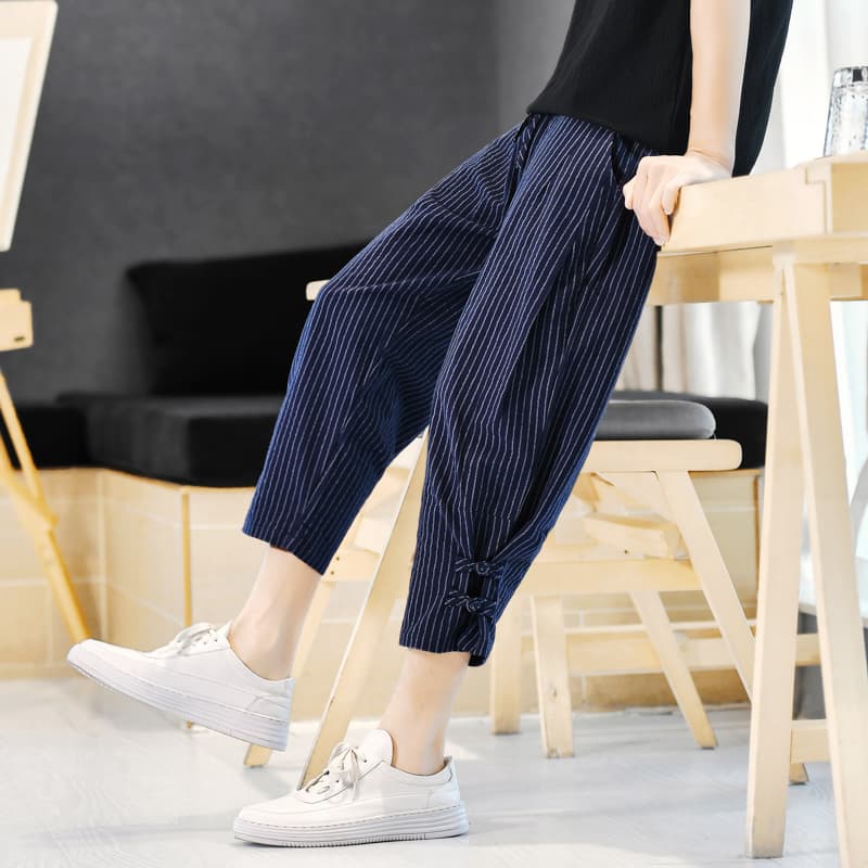 柄 パンツ 細線裾リボン七分丈バルーンパンツ