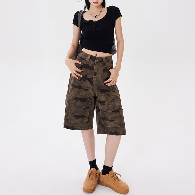柄 パンツ 大胆シルエット ワイドカーゴ迷彩パンツ