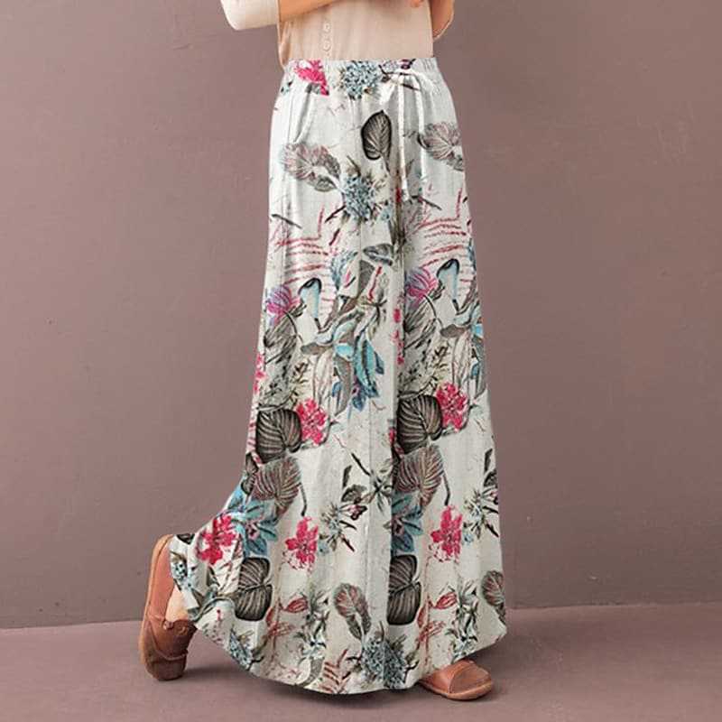 柄 パンツ 優美な植物画プリントワイドパンツ
