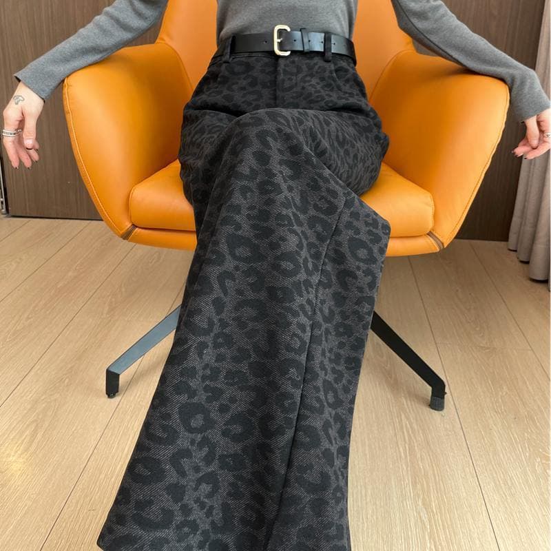柄 パンツ ヒョウ柄ストレートワイドパンツ
