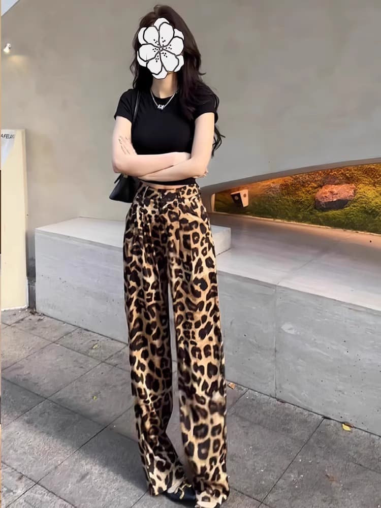 柄 パンツ ゆったり豹柄 ロングワイドパンツ