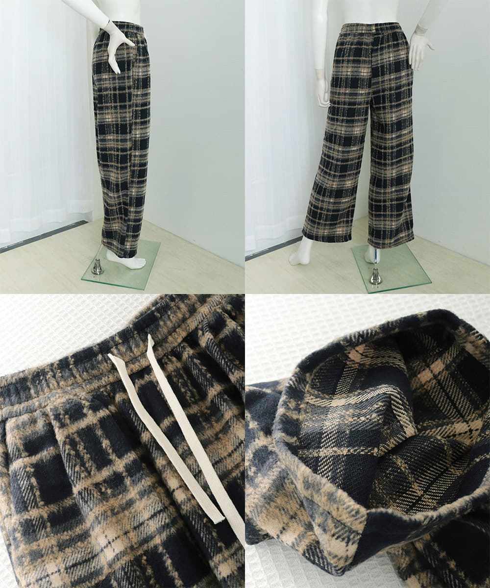 柄 パンツ チェック柄ワイドパンツ レディース ゆったり起毛
