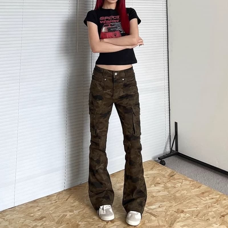 柄 パンツ ヴィンテージ風ベルボトム迷彩カーゴパンツ