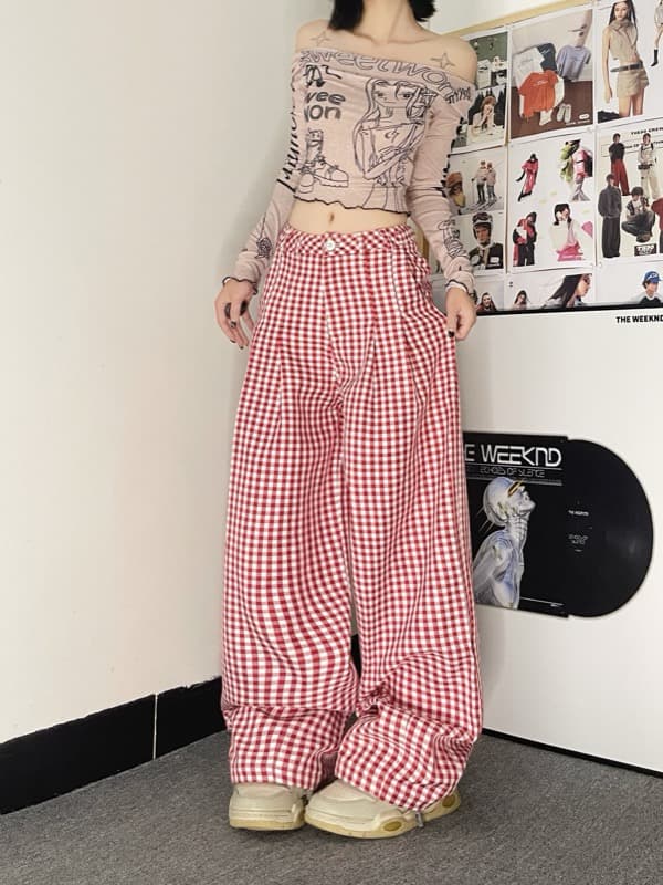 柄 パンツ 赤白チェック柄ワイドパンツ レディース格子柄ボトムス