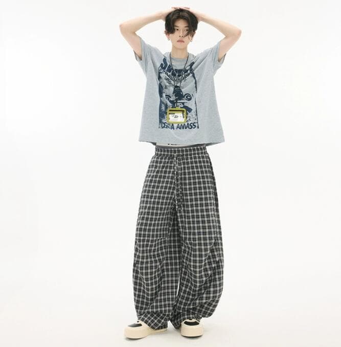 柄 パンツ チェック柄カーゴパンツ ワイド ゆったりメンズボトムス