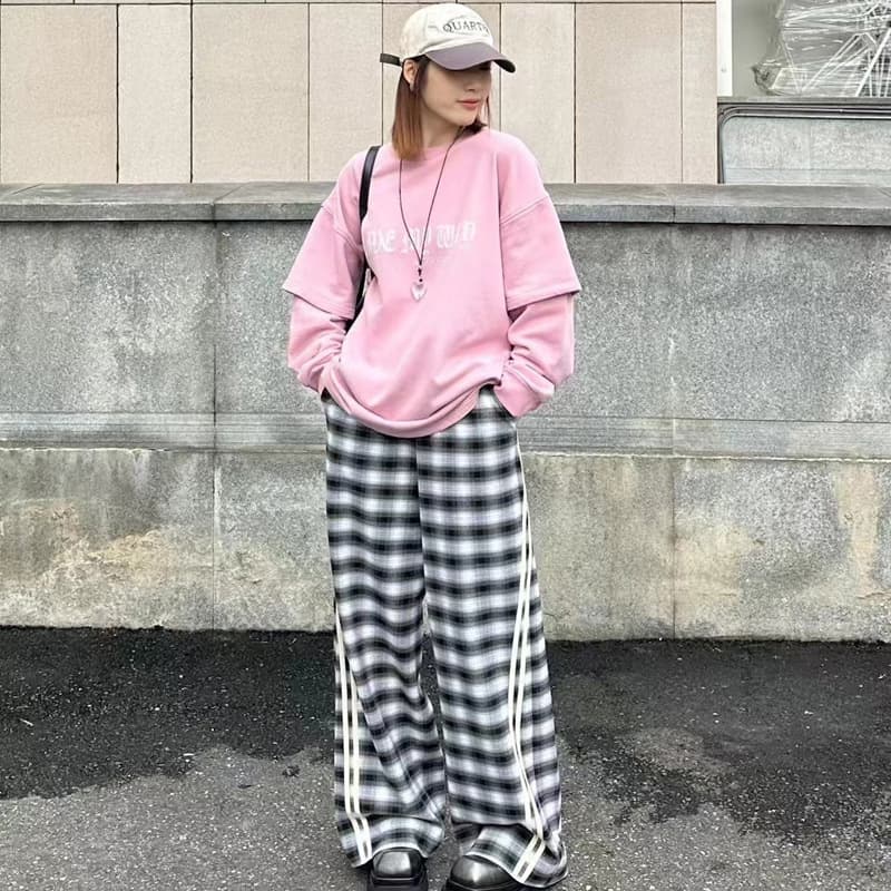 柄 パンツ ゆったりチェック柄パンツ