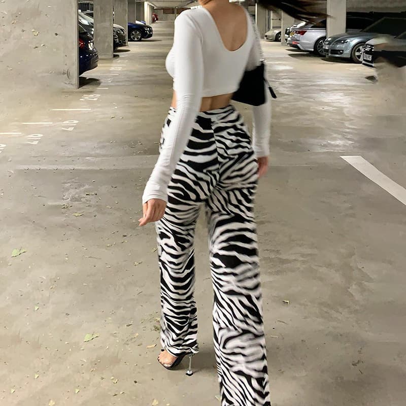 柄 パンツ しなやかゼブラ柄ハイウエストパンツ