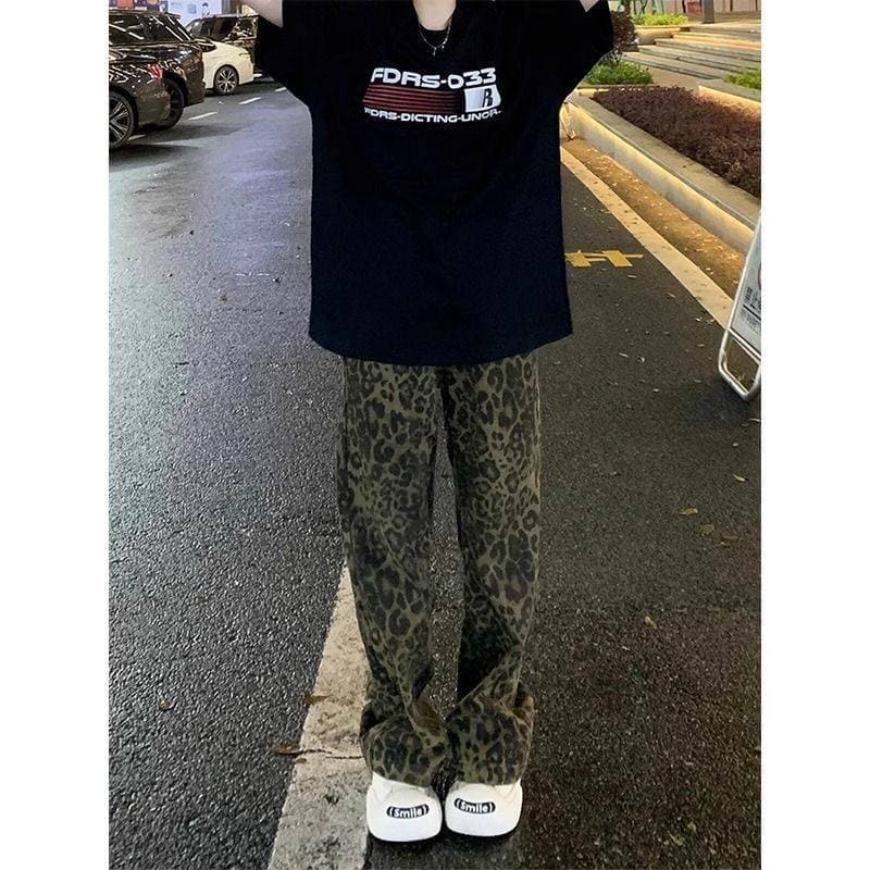 柄 パンツ ストリートヒョウ柄デニムワイドパンツ