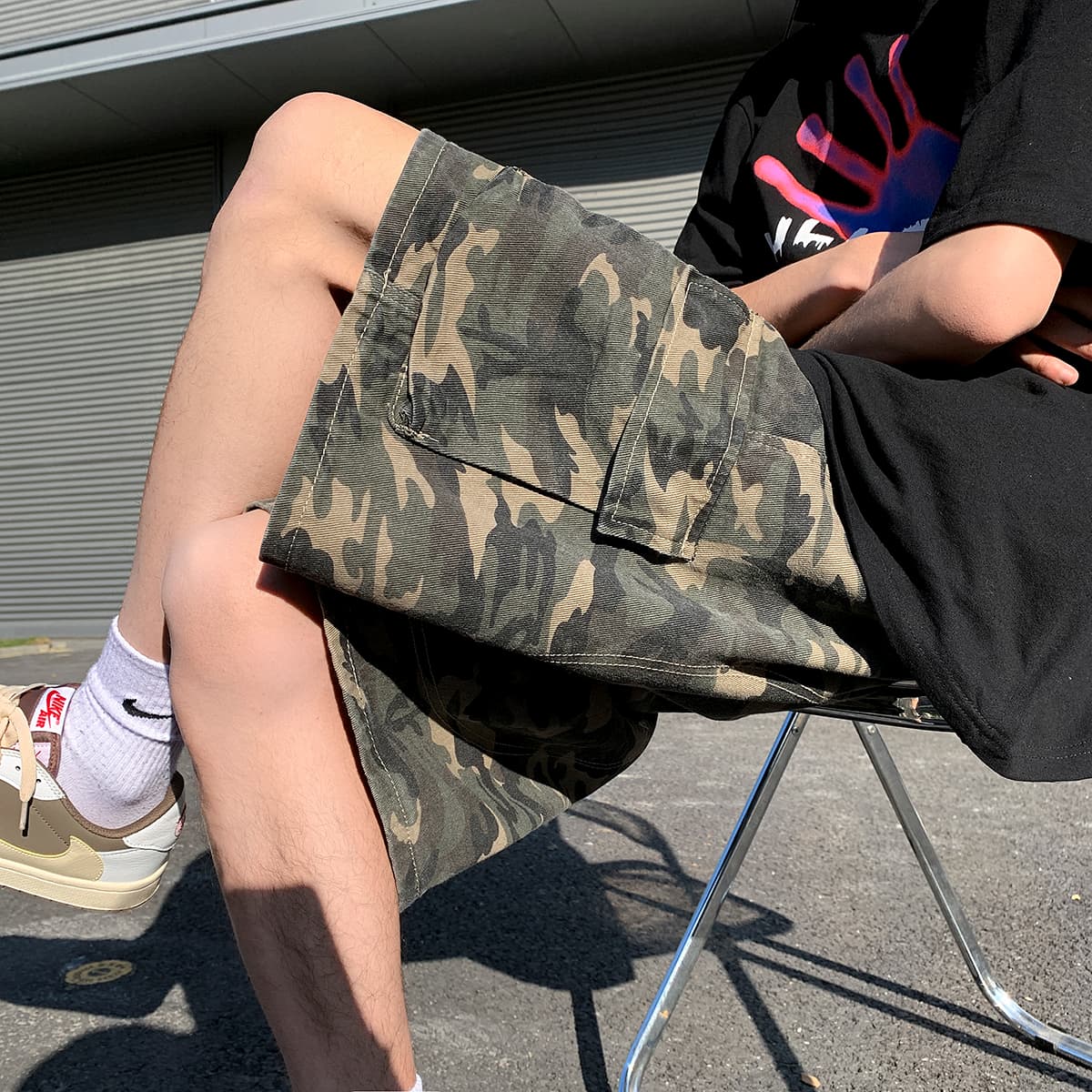 柄 パンツ ゆったりミリタリーカーゴショーツ