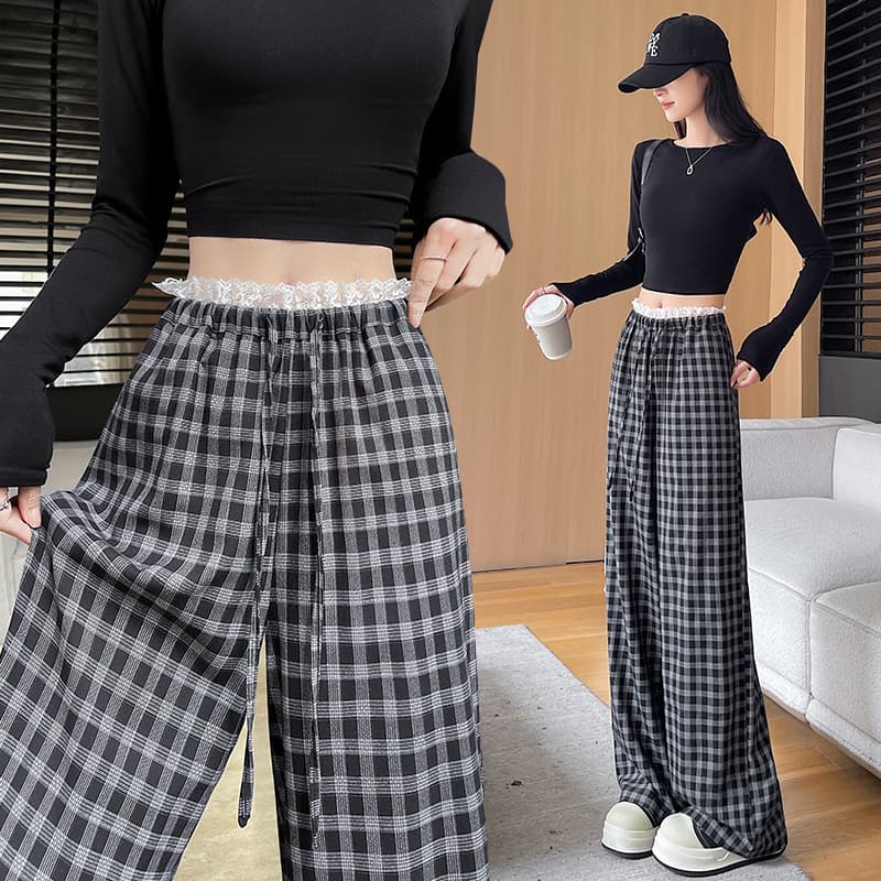 柄 パンツ 春新作 チェック柄 ワイドパンツ レディース ロング丈 全2色