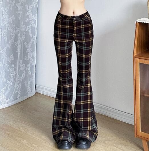 柄 パンツ チェック柄ハイウエストフレアパンツ