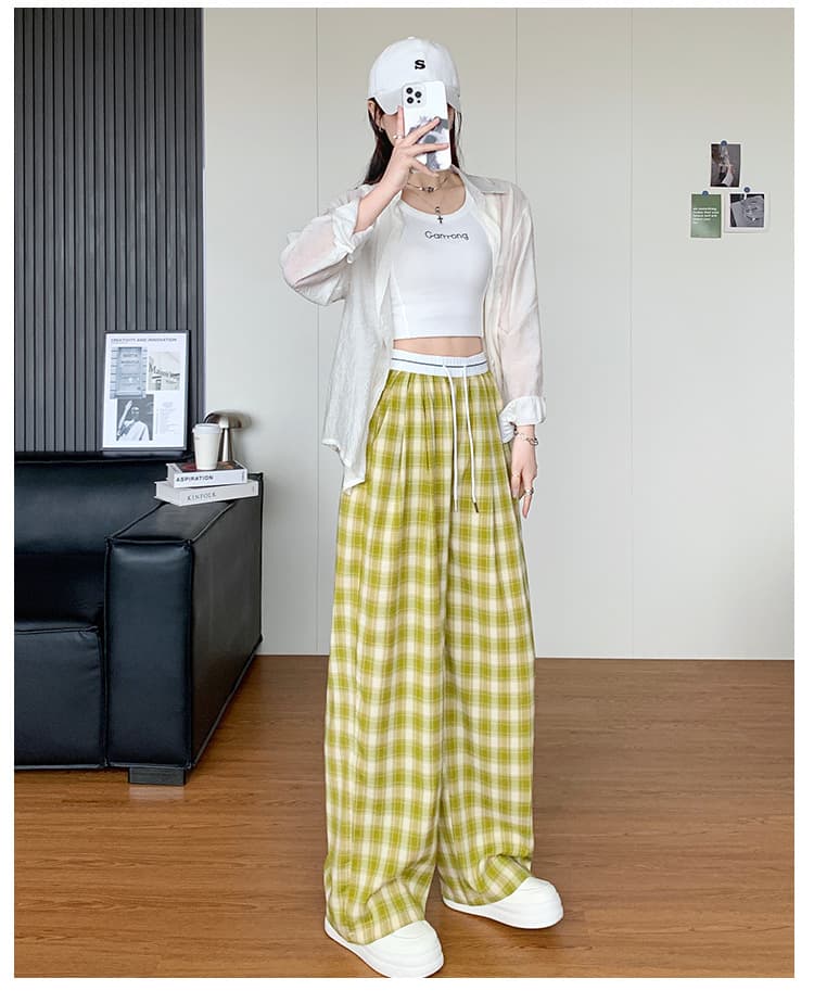 柄 パンツ ゆったりチェック柄ワイドパンツ