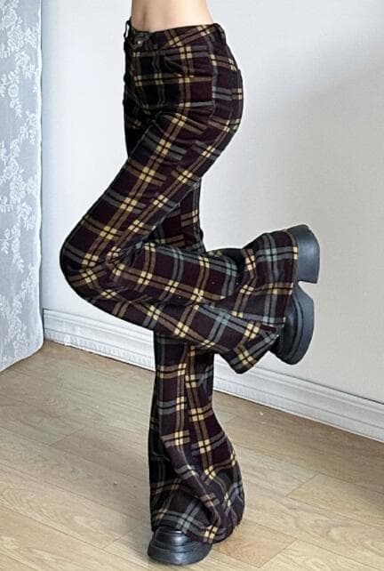 柄 パンツ チェック柄ハイウエストフレアパンツ