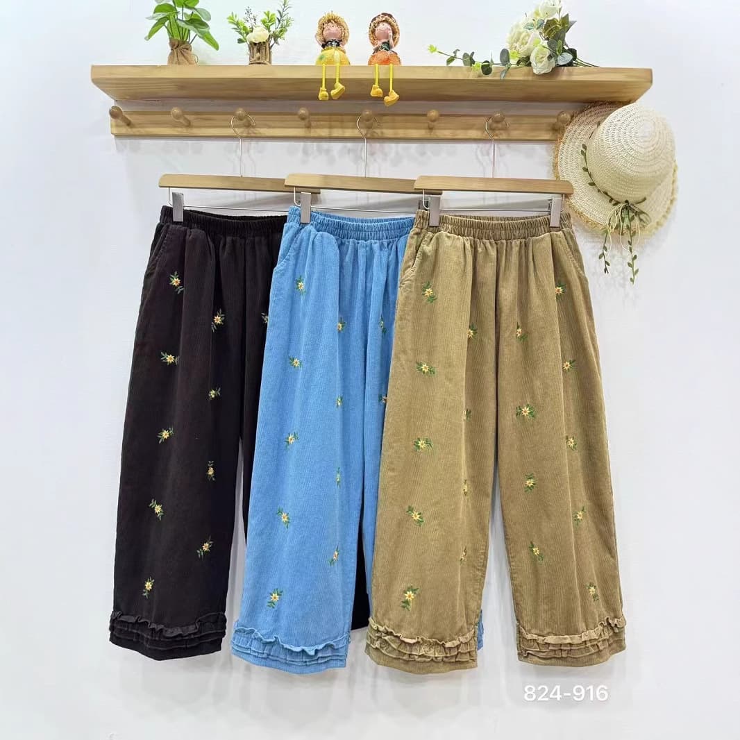 柄 パンツ 小花刺繍入りコーデュロイパンツ