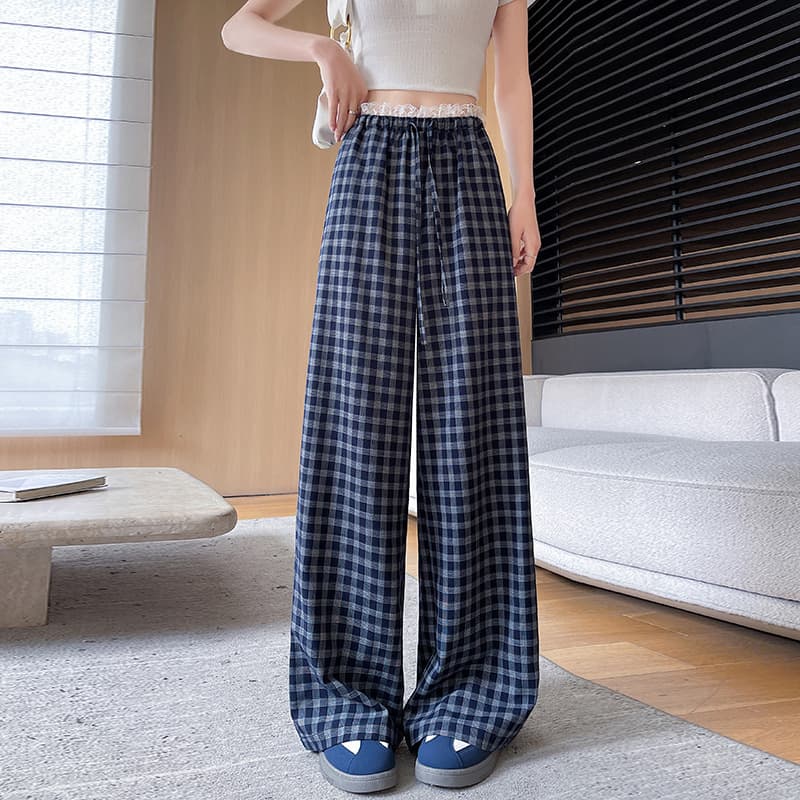 柄 パンツ 春新作 チェック柄 ワイドパンツ レディース ロング丈 全2色