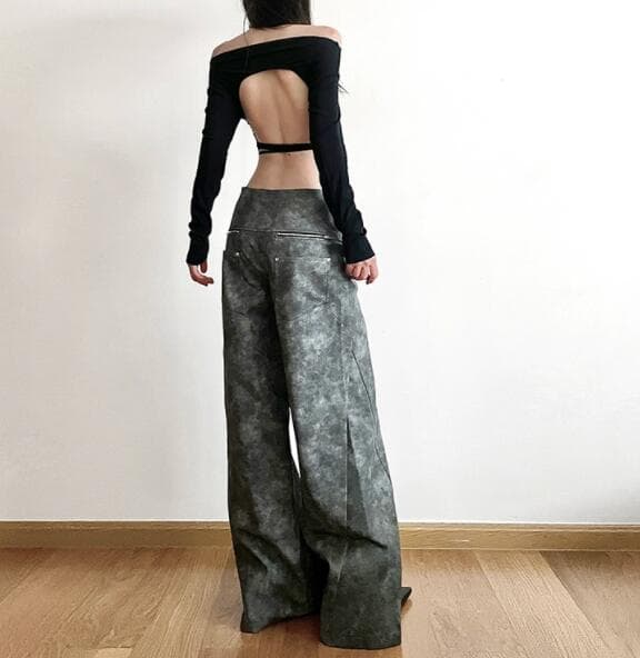 柄 パンツ 迷彩柄ハイウェストワイドパンツ合成革