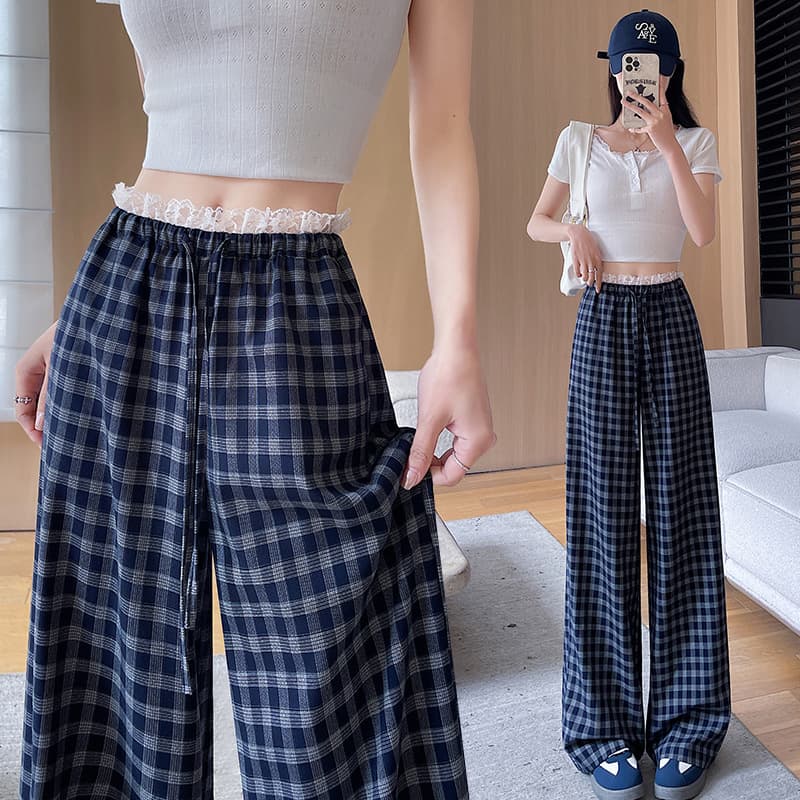 柄 パンツ 春新作 チェック柄 ワイドパンツ レディース ロング丈 全2色