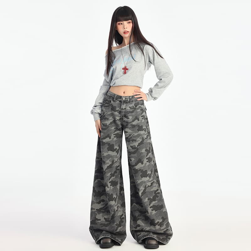 柄 パンツ ワイドシルエット迷彩パンツ