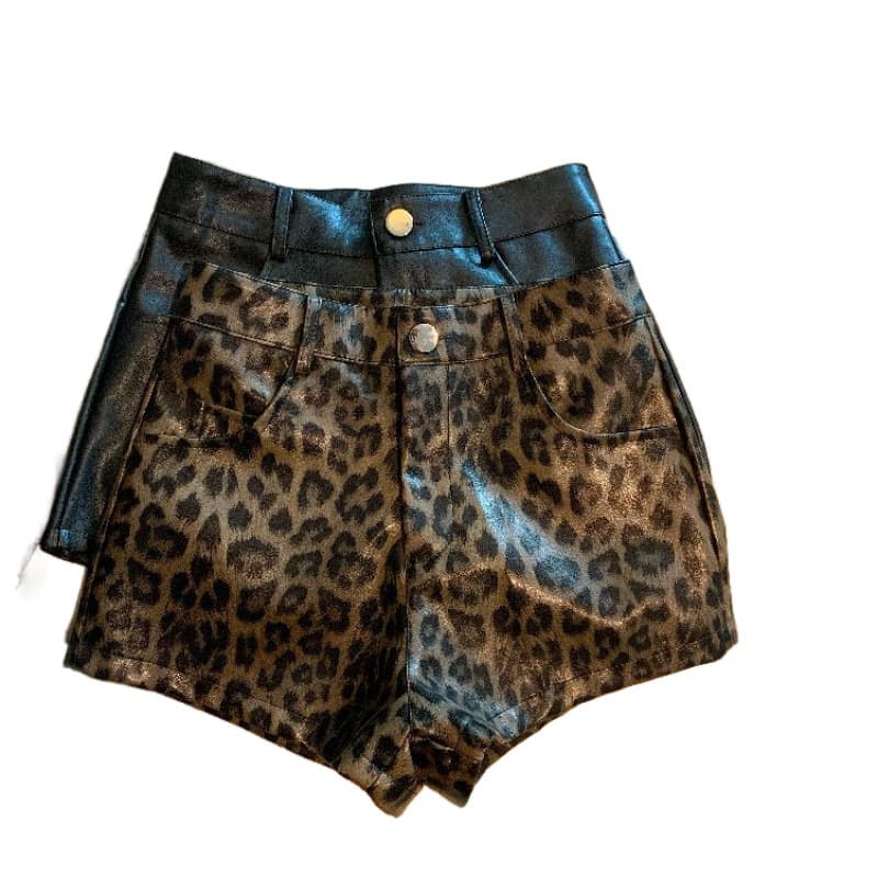 柄 パンツ ヒョウ柄ショートパンツ レザー切替
