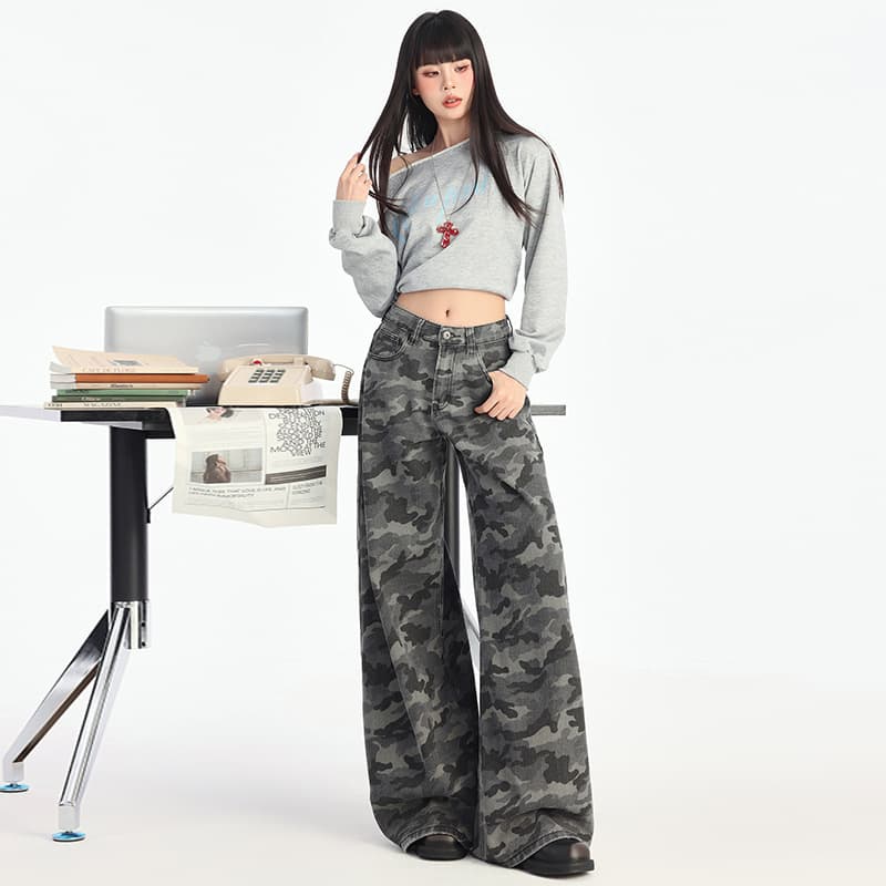柄 パンツ ワイドシルエット迷彩パンツ