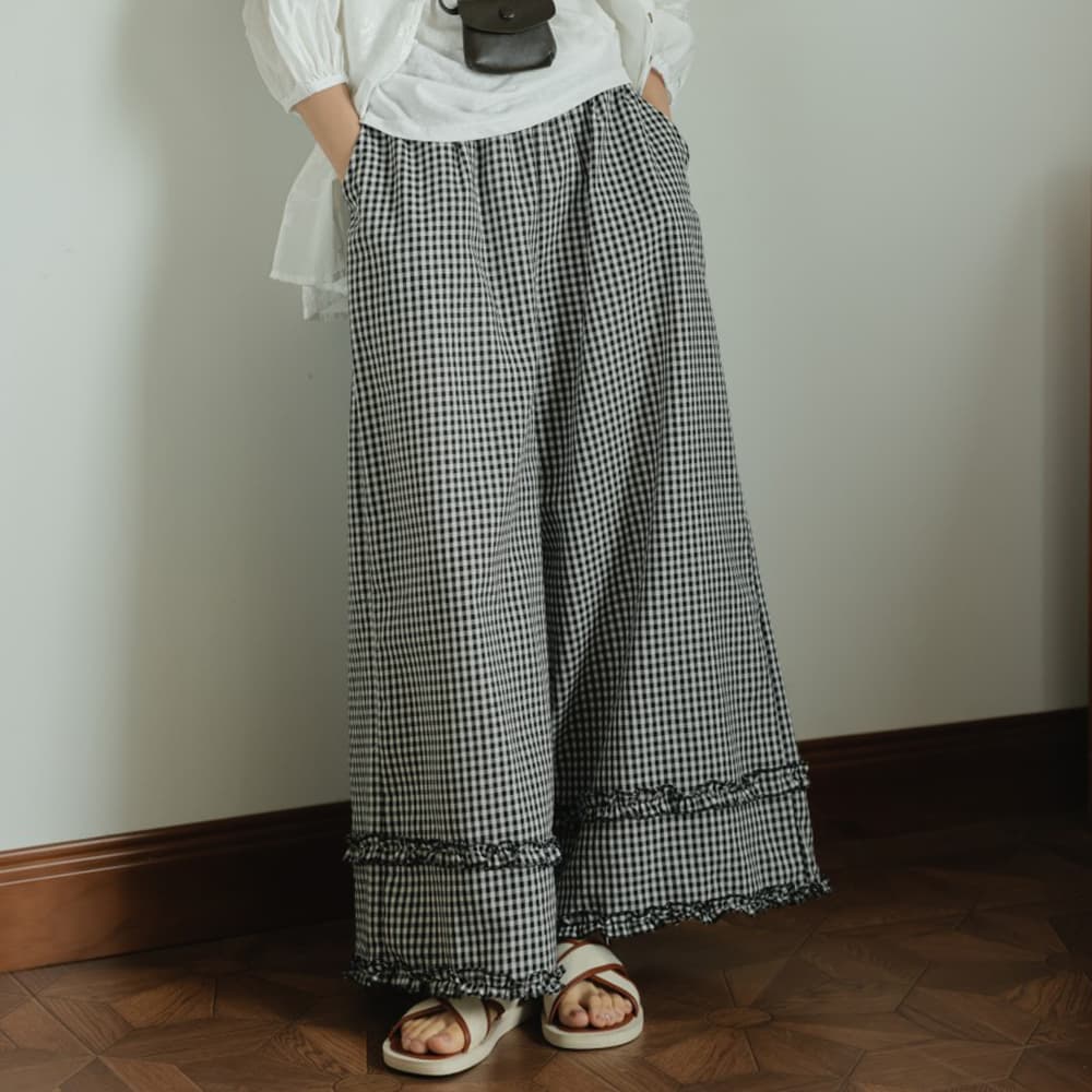 柄 パンツ 春夏新作 韓国風 チェック柄 フリルワイドパンツ