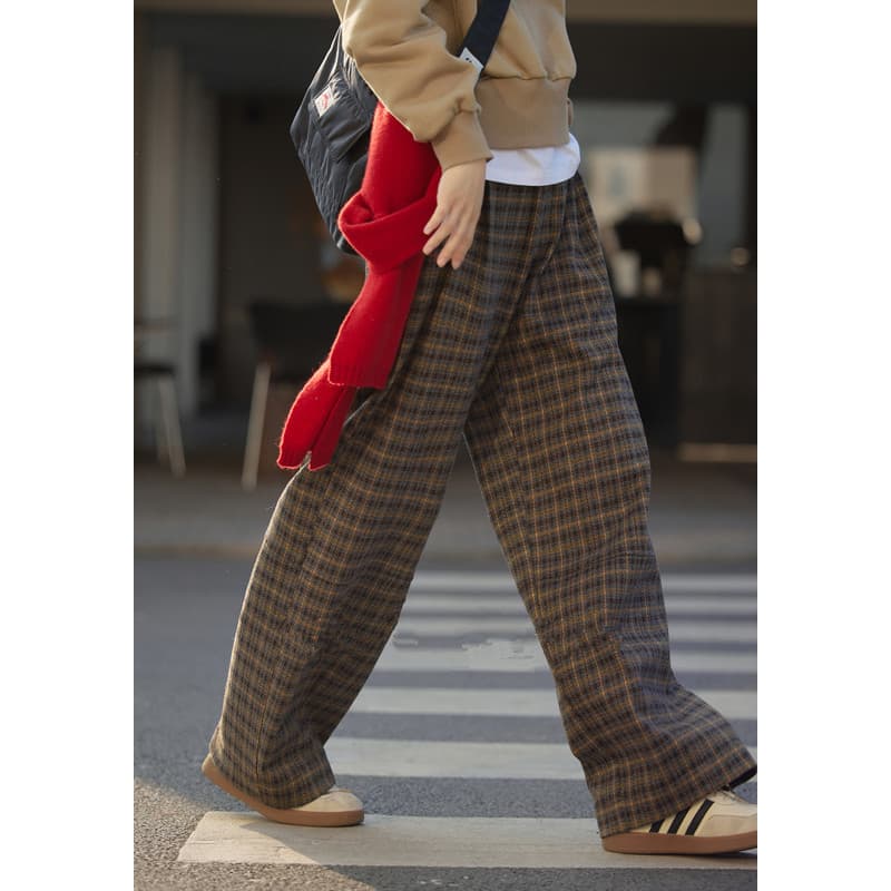柄 パンツ のびやかチェック ワイドパンツ