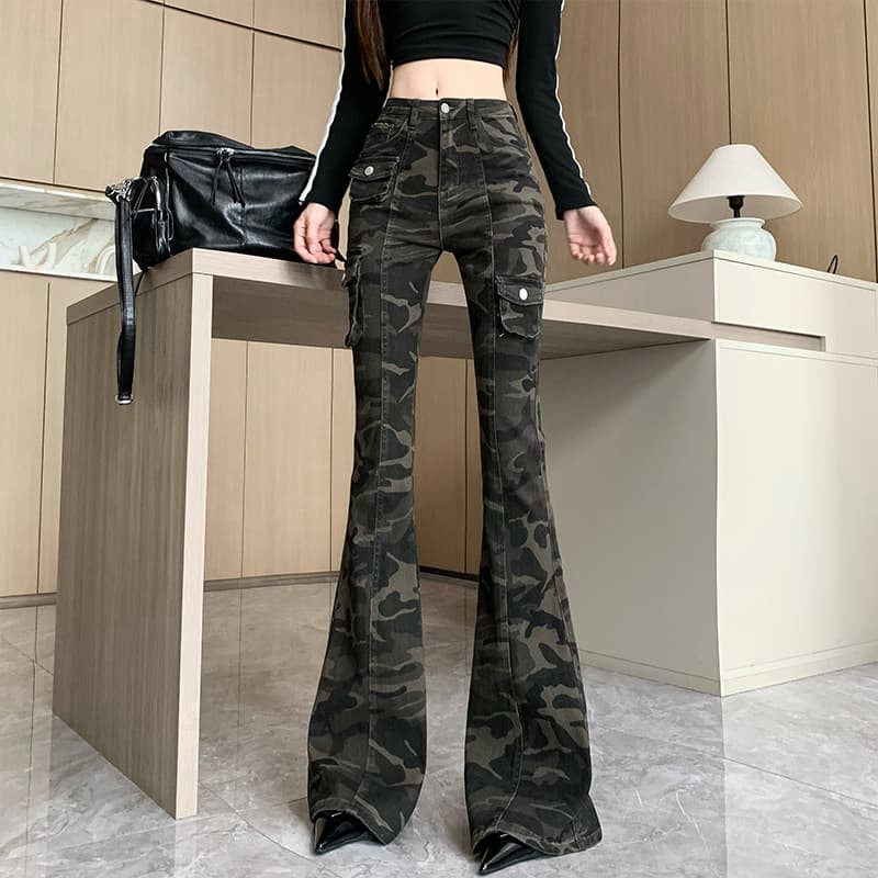柄 パンツ フレアシルエット迷彩カーゴパンツ
