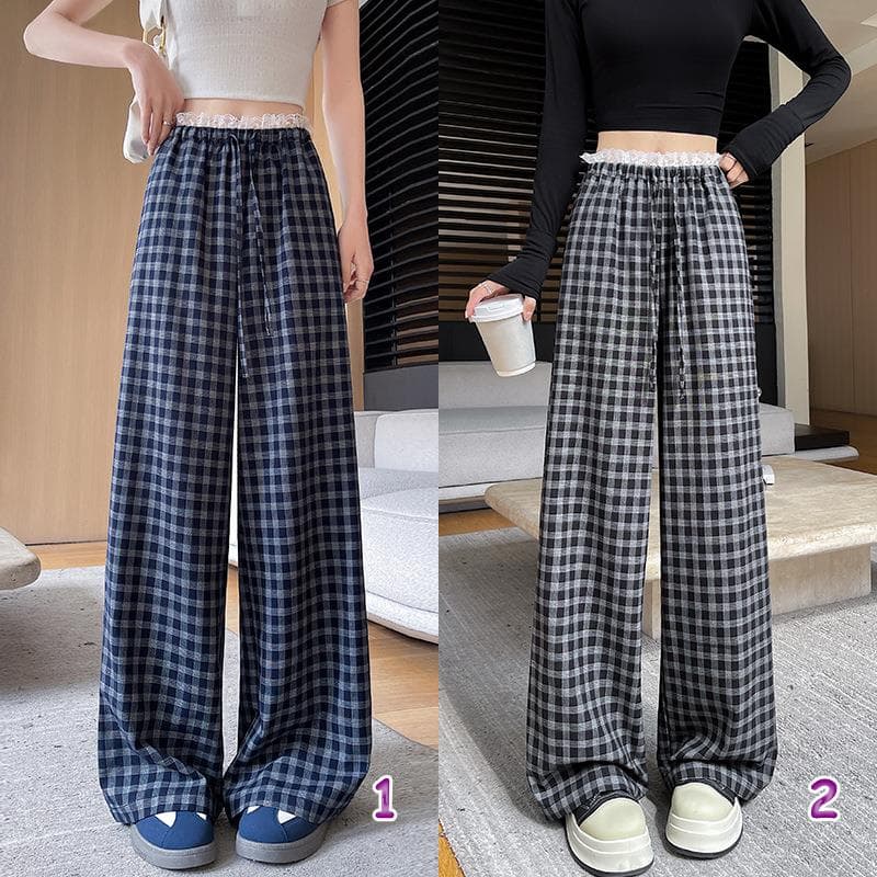 柄 パンツ 春新作 チェック柄 ワイドパンツ レディース ロング丈 全2色